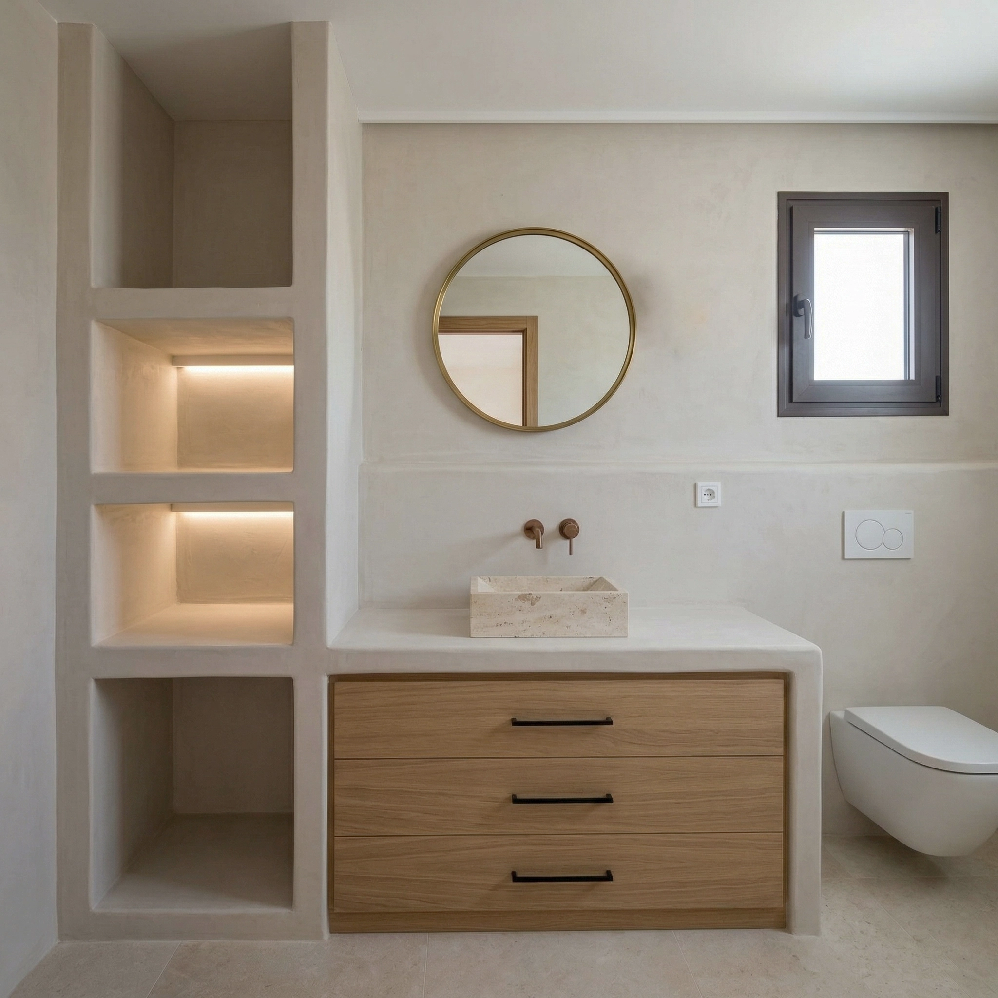 Reforma de baño con acabado continuo y mueble a medida
