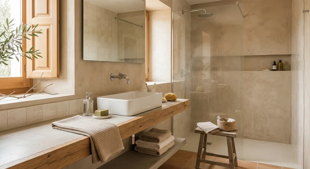 Baño mediterráneo con sistema de agua caliente eficiente en vivienda